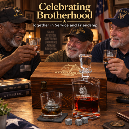 Veterans Day Gift – Old Fashioned Decanter Set with 2 Glasses, 9 Whiskey Stones & Wooden Box – image 5