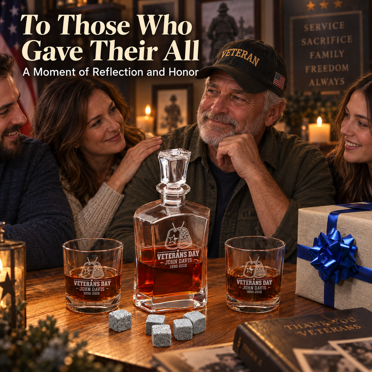 Veterans Day Gift – Old Fashioned Decanter Set with 2 Glasses, 9 Whiskey Stones & Wooden Box – image 6