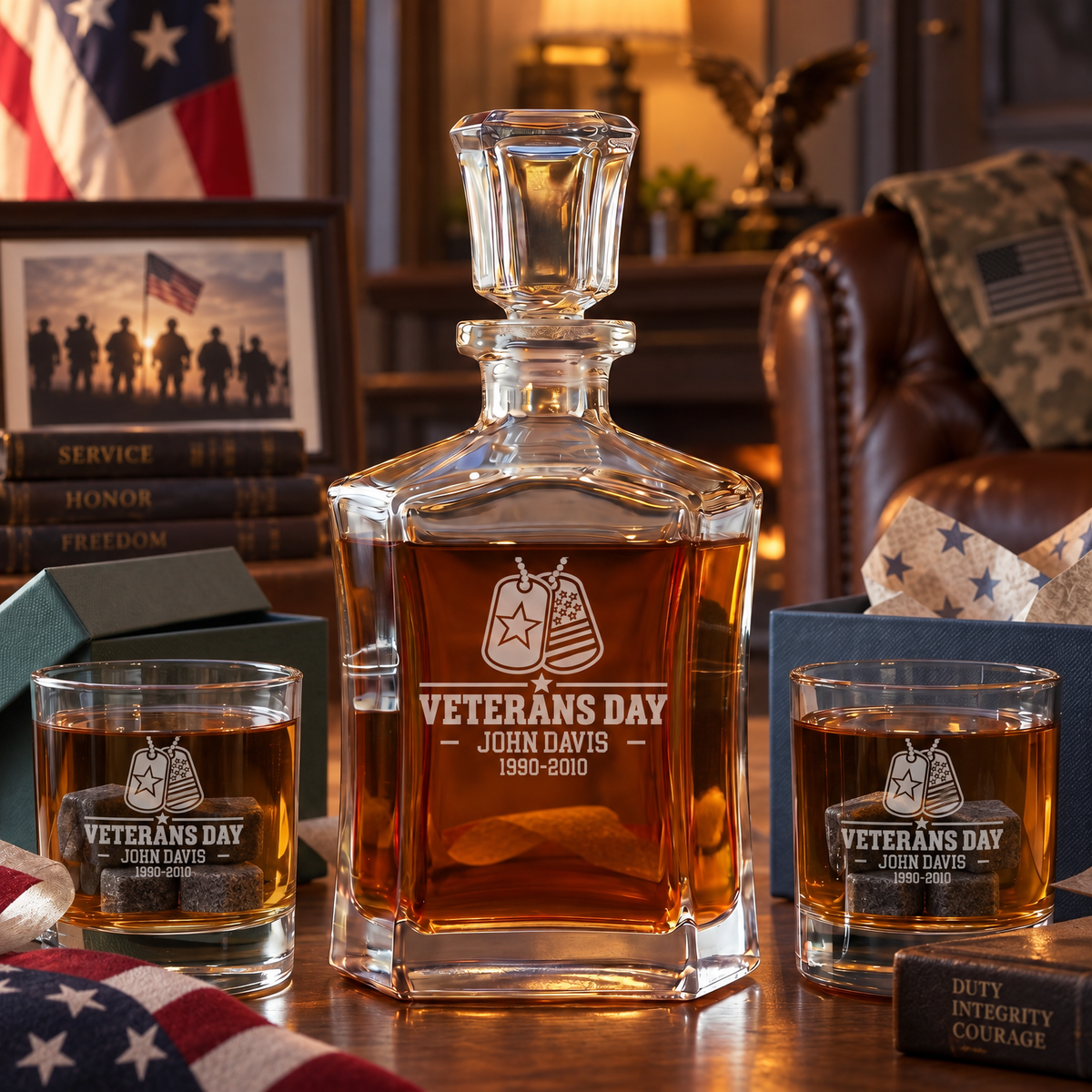 Veterans Day Gift – Old Fashioned Decanter Set with 2 Glasses, 9 Whiskey Stones & Wooden Box – image 7