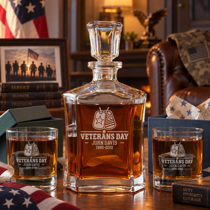 Veterans Day Gift – Old Fashioned Decanter Set with 2 Glasses, 9 Whiskey Stones & Wooden Box – image 7