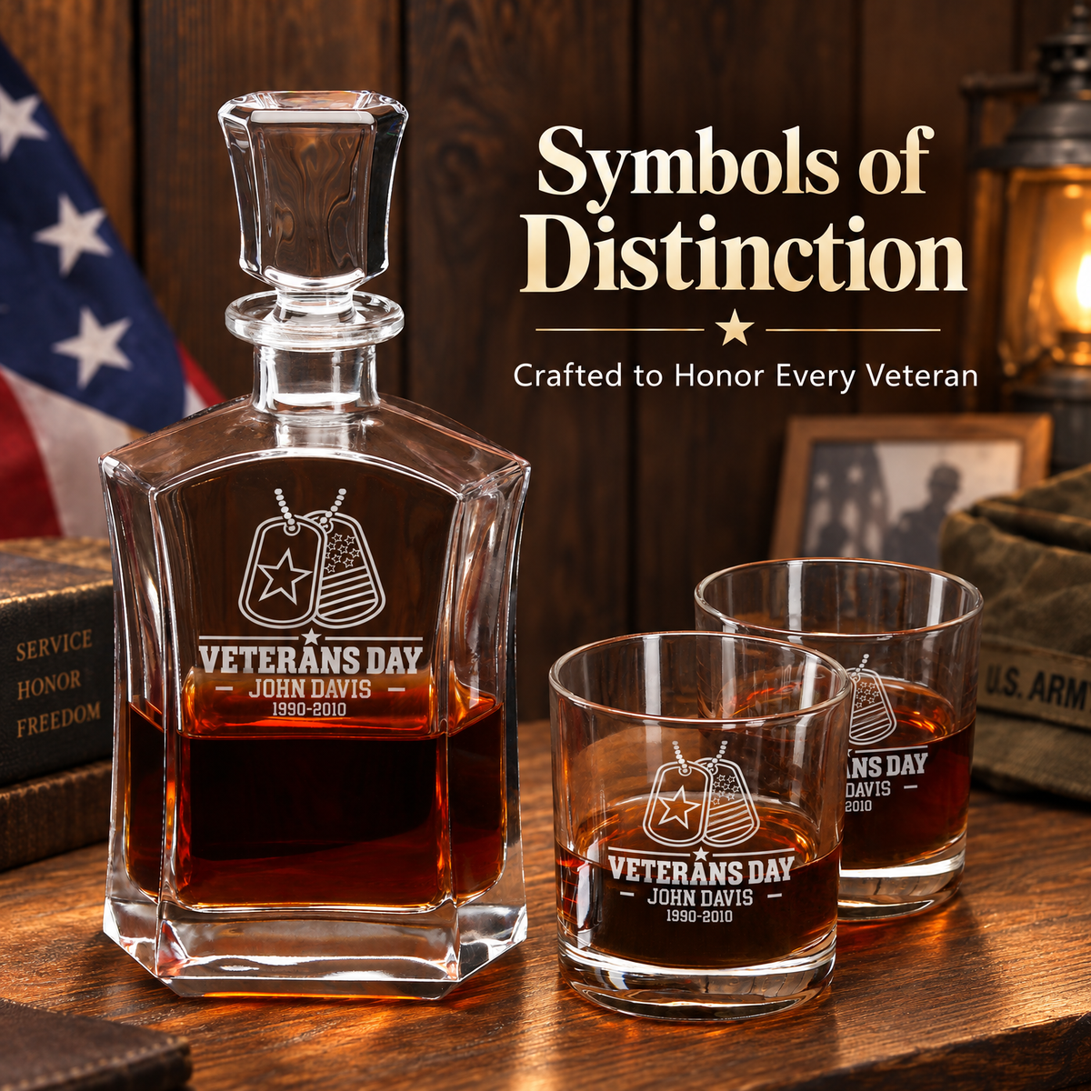 Veterans Day Gift – Old Fashioned Decanter Set with 2 Glasses, 9 Whiskey Stones & Wooden Box – image 8