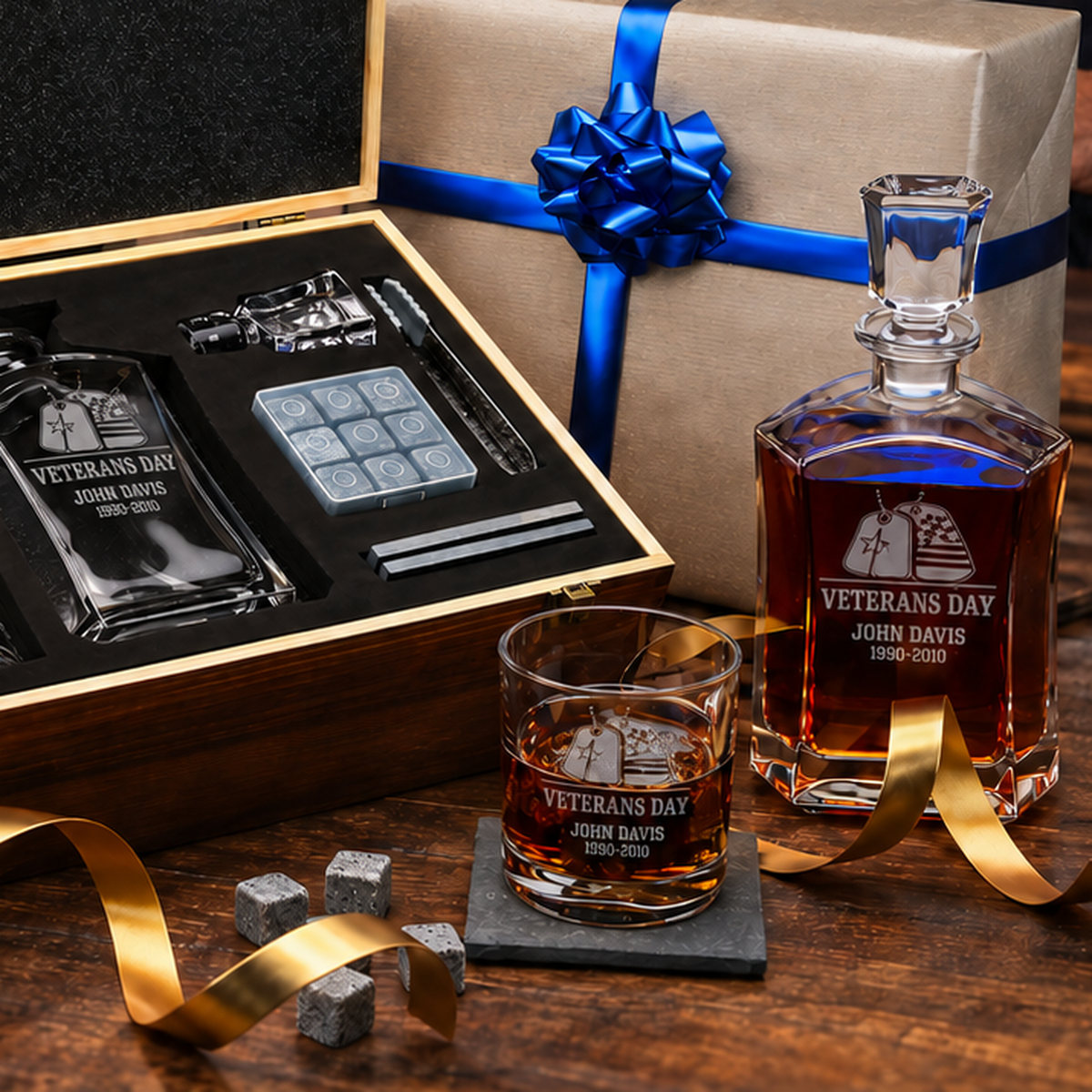 Veterans Day Gift – Old Fashioned Decanter Set with 2 Glasses, 9 Whiskey Stones & Wooden Box – image 9