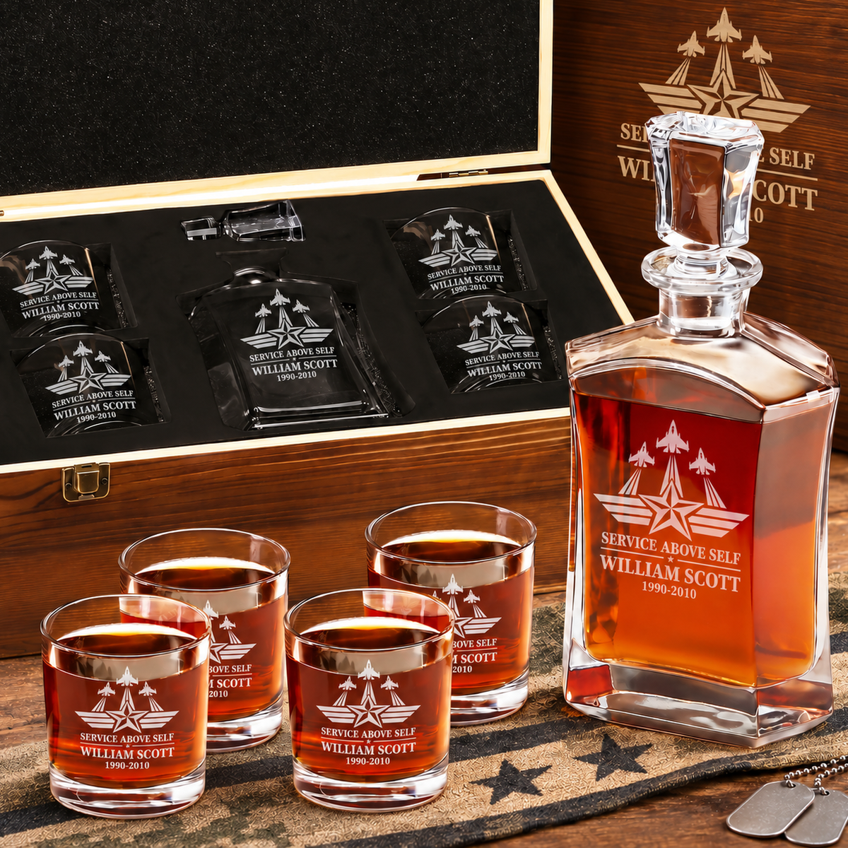 Veterans Day Gift – Old Fashioned Decanter Set with 4 Glasses & Wooden Box product image