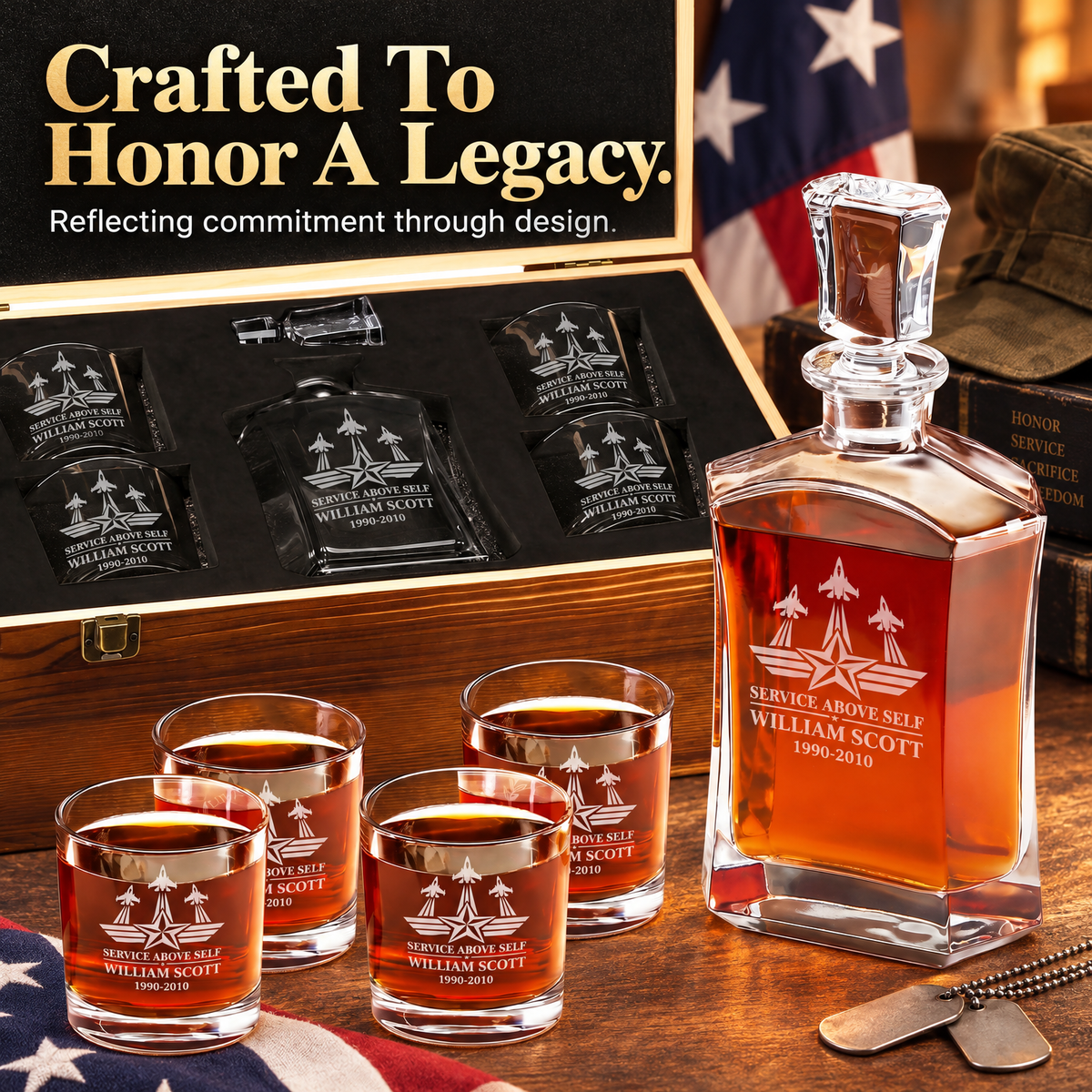 Veterans Day Gift – Old Fashioned Decanter Set with 4 Glasses & Wooden Box product image