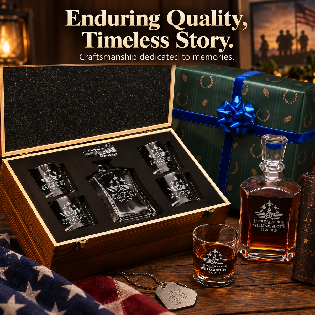 Veterans Day Gift – Old Fashioned Decanter Set with 4 Glasses & Wooden Box product image