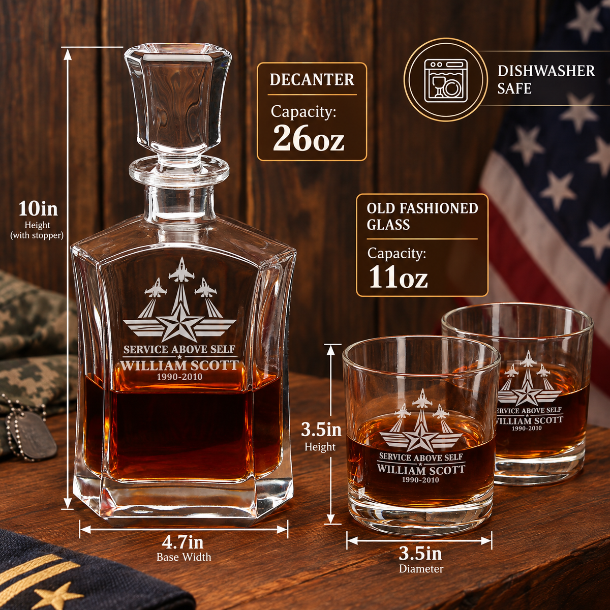 Veterans Day Gift – Old Fashioned Decanter Set with 4 Glasses & Wooden Box product image