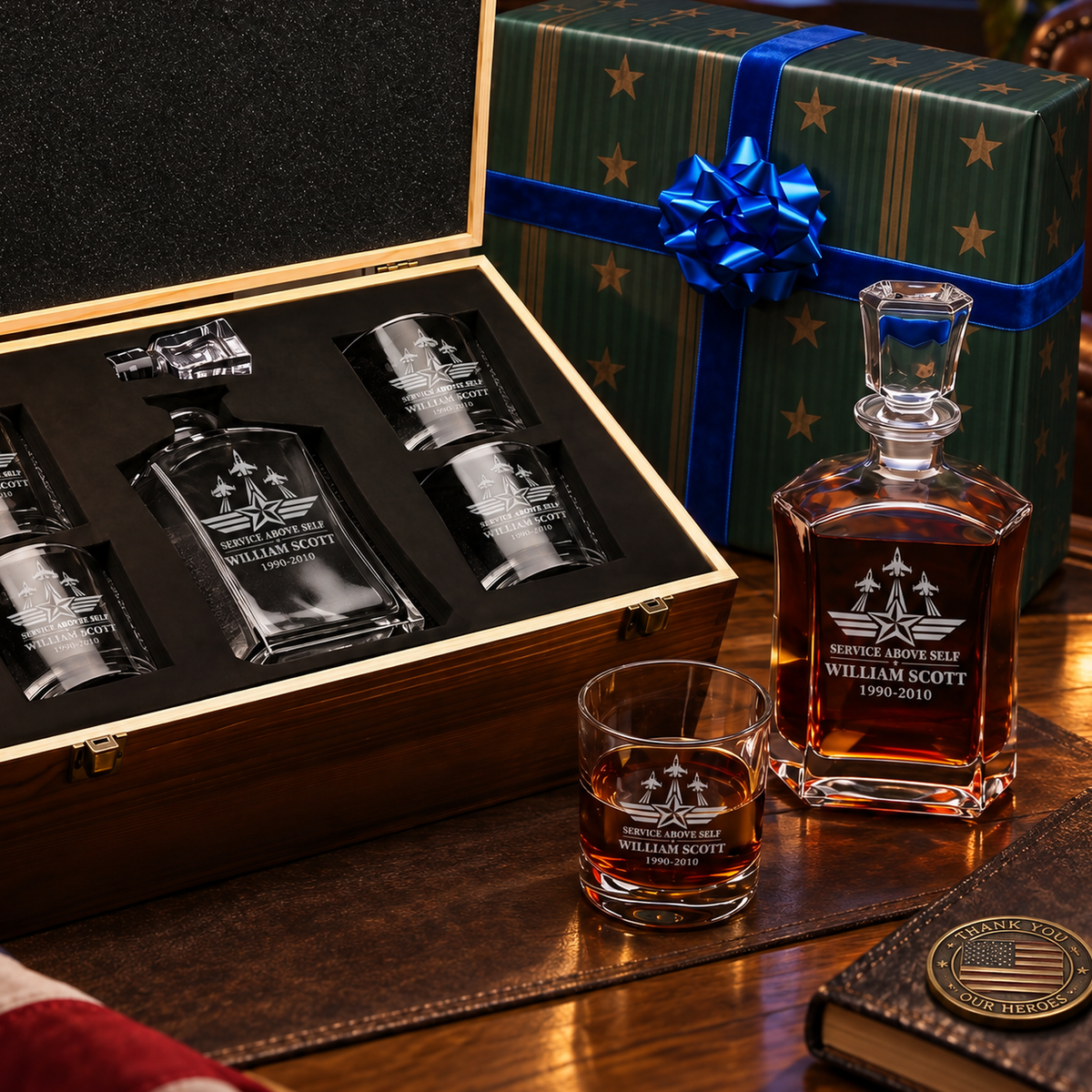 Veterans Day Gift – Old Fashioned Decanter Set with 4 Glasses & Wooden Box product image