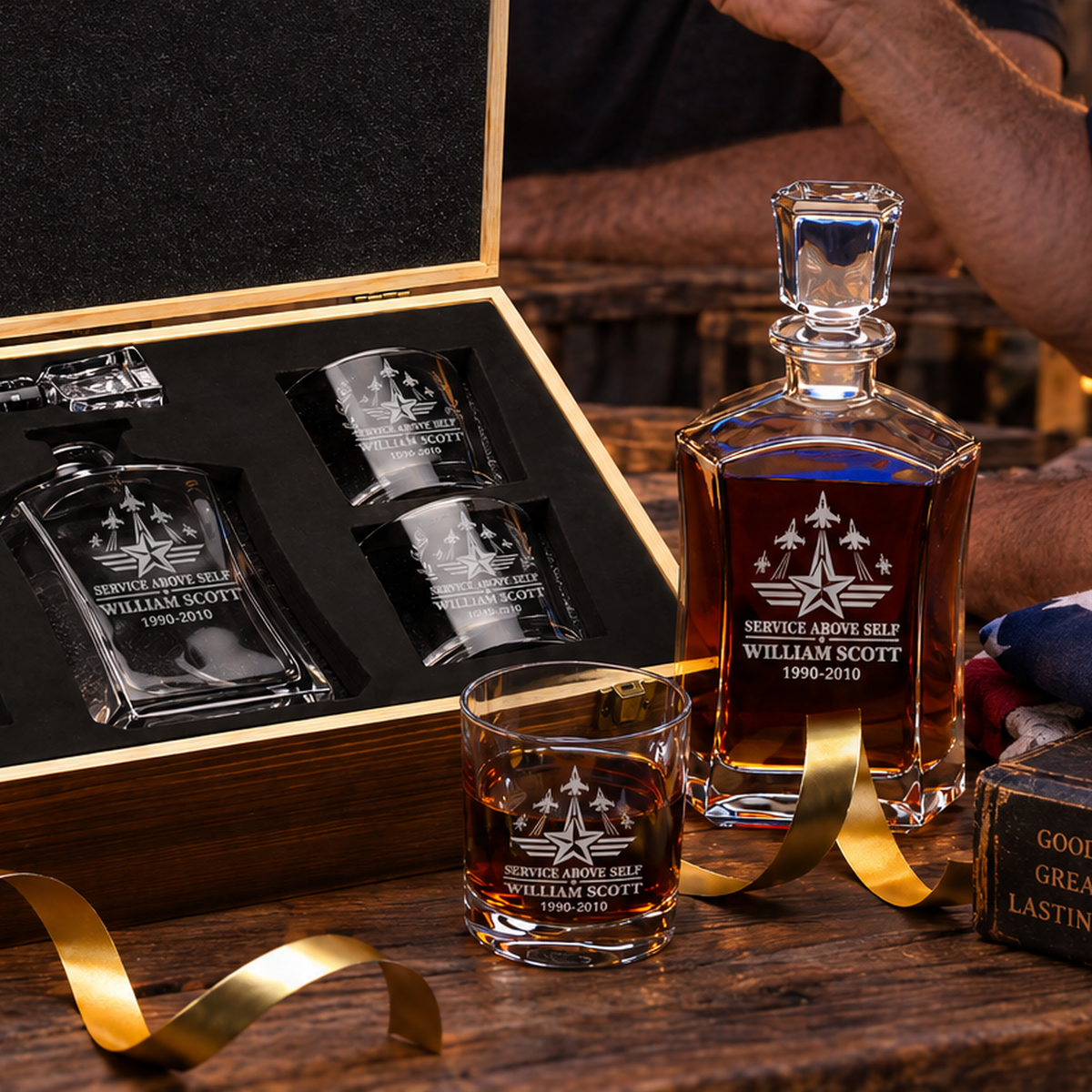 Veterans Day Gift – Old Fashioned Decanter Set with 4 Glasses & Wooden Box – image 4