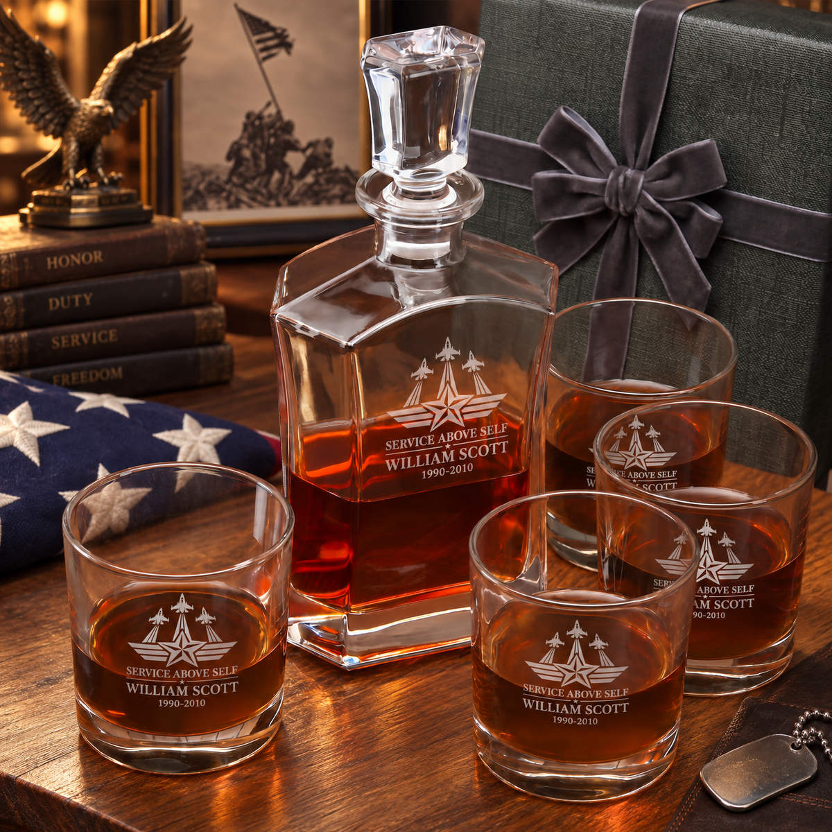 Veterans Day Gift – Old Fashioned Decanter Set with 4 Glasses & Wooden Box – image 8