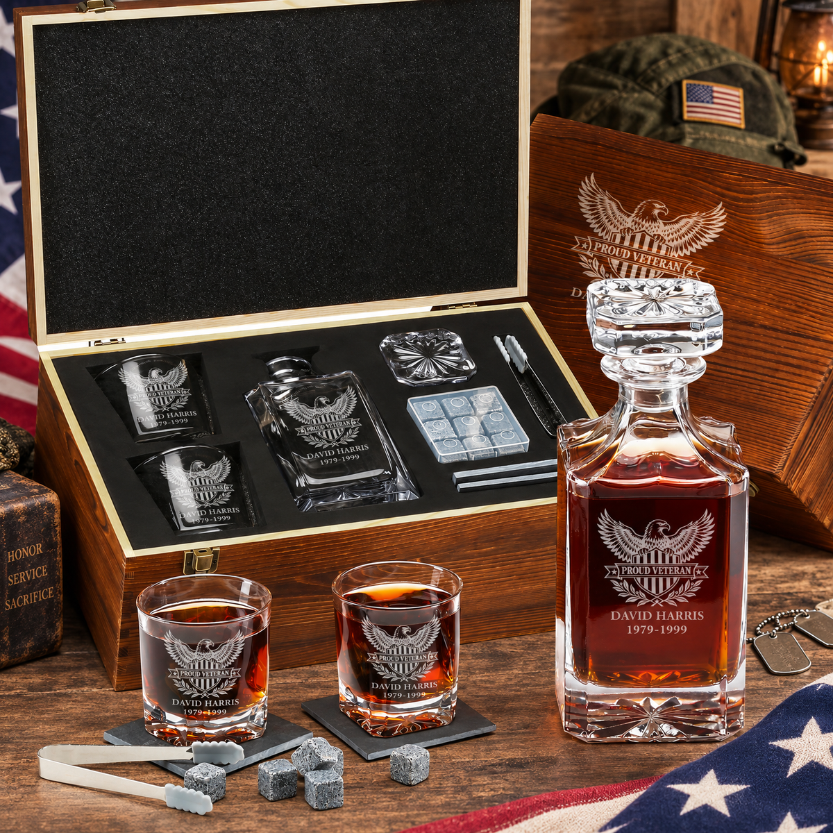 Veterans Day Gift – Classic Decanter Set with 2 Glasses, 9 Whiskey Stones & Wooden Box product image
