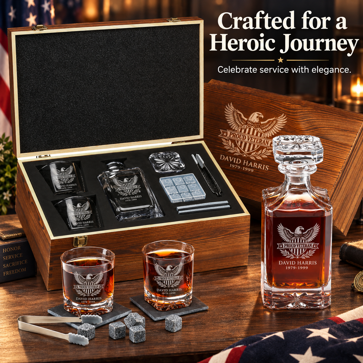 Veterans Day Gift – Classic Decanter Set with 2 Glasses, 9 Whiskey Stones & Wooden Box product image