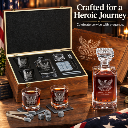 Veterans Day Gift – Classic Decanter Set with 2 Glasses, 9 Whiskey Stones & Wooden Box – image 11