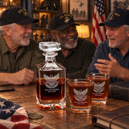 Veterans Day Gift – Classic Decanter Set with 2 Glasses, 9 Whiskey Stones & Wooden Box – image 12