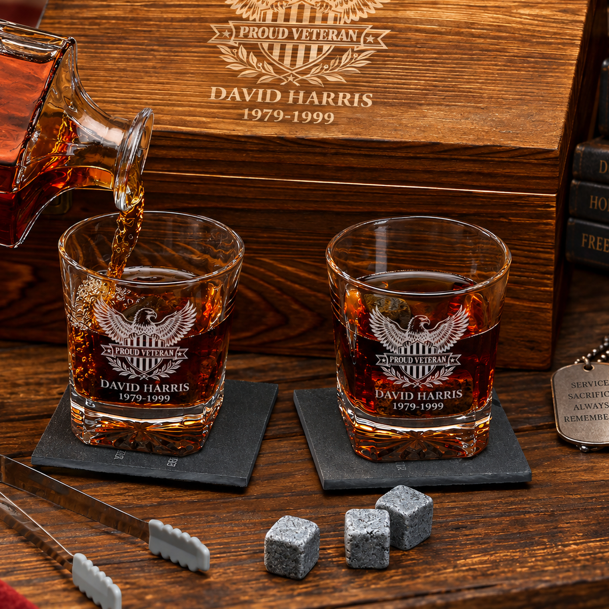 Veterans Day Gift – Classic Decanter Set with 2 Glasses, 9 Whiskey Stones & Wooden Box – image 13