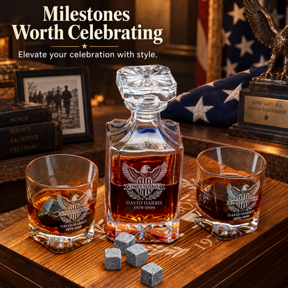 Veterans Day Gift – Classic Decanter Set with 2 Glasses, 9 Whiskey Stones & Wooden Box – image 14