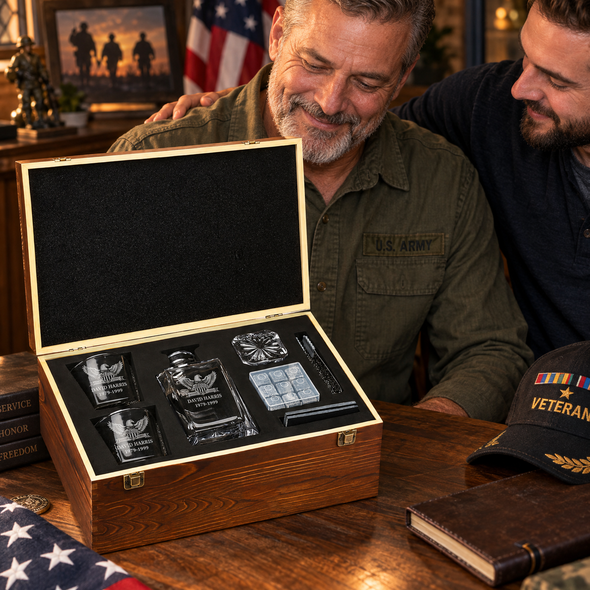 Veterans Day Gift – Classic Decanter Set with 2 Glasses, 9 Whiskey Stones & Wooden Box product image