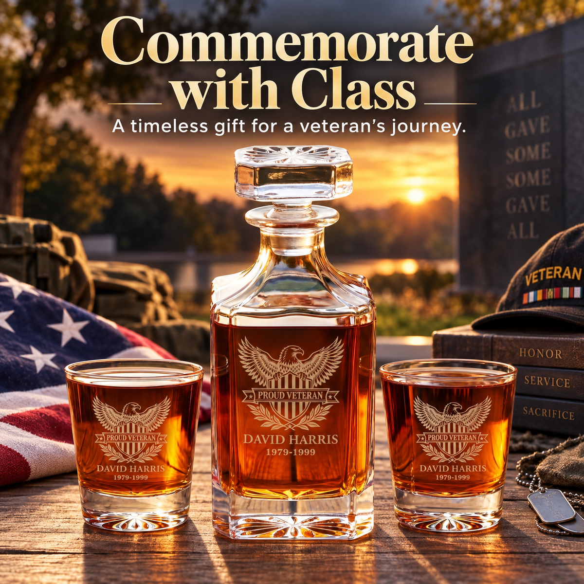 Veterans Day Gift – Classic Decanter Set with 2 Glasses, 9 Whiskey Stones & Wooden Box – image 16