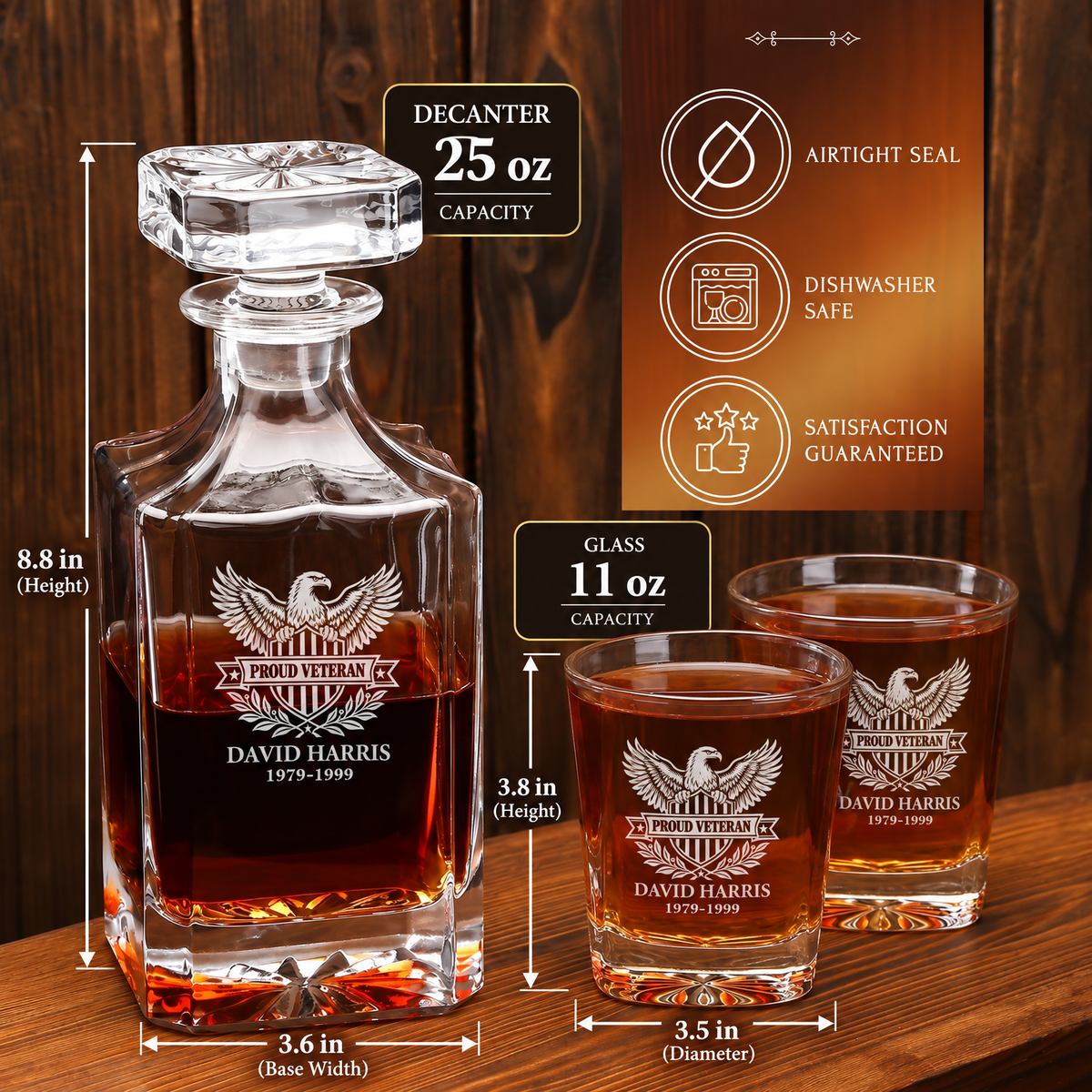 Veterans Day Gift – Classic Decanter Set with 2 Glasses, 9 Whiskey Stones & Wooden Box product image