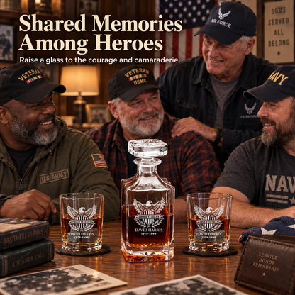 Veterans Day Gift – Classic Decanter Set with 2 Glasses, 9 Whiskey Stones & Wooden Box – image 3
