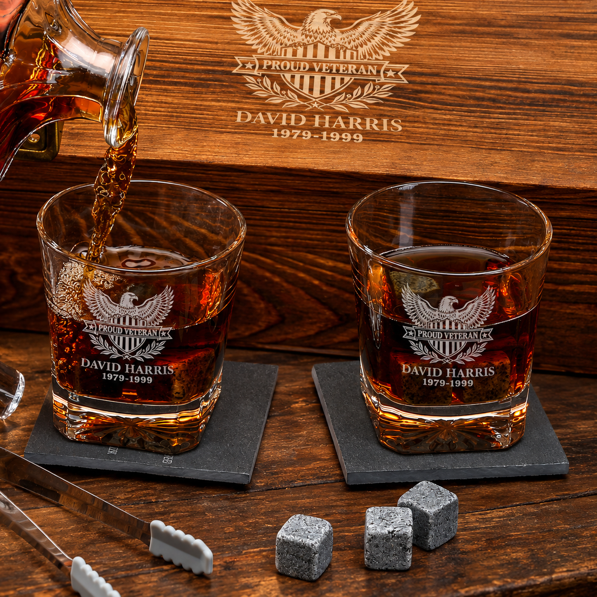 Veterans Day Gift – Classic Decanter Set with 2 Glasses, 9 Whiskey Stones & Wooden Box – image 4