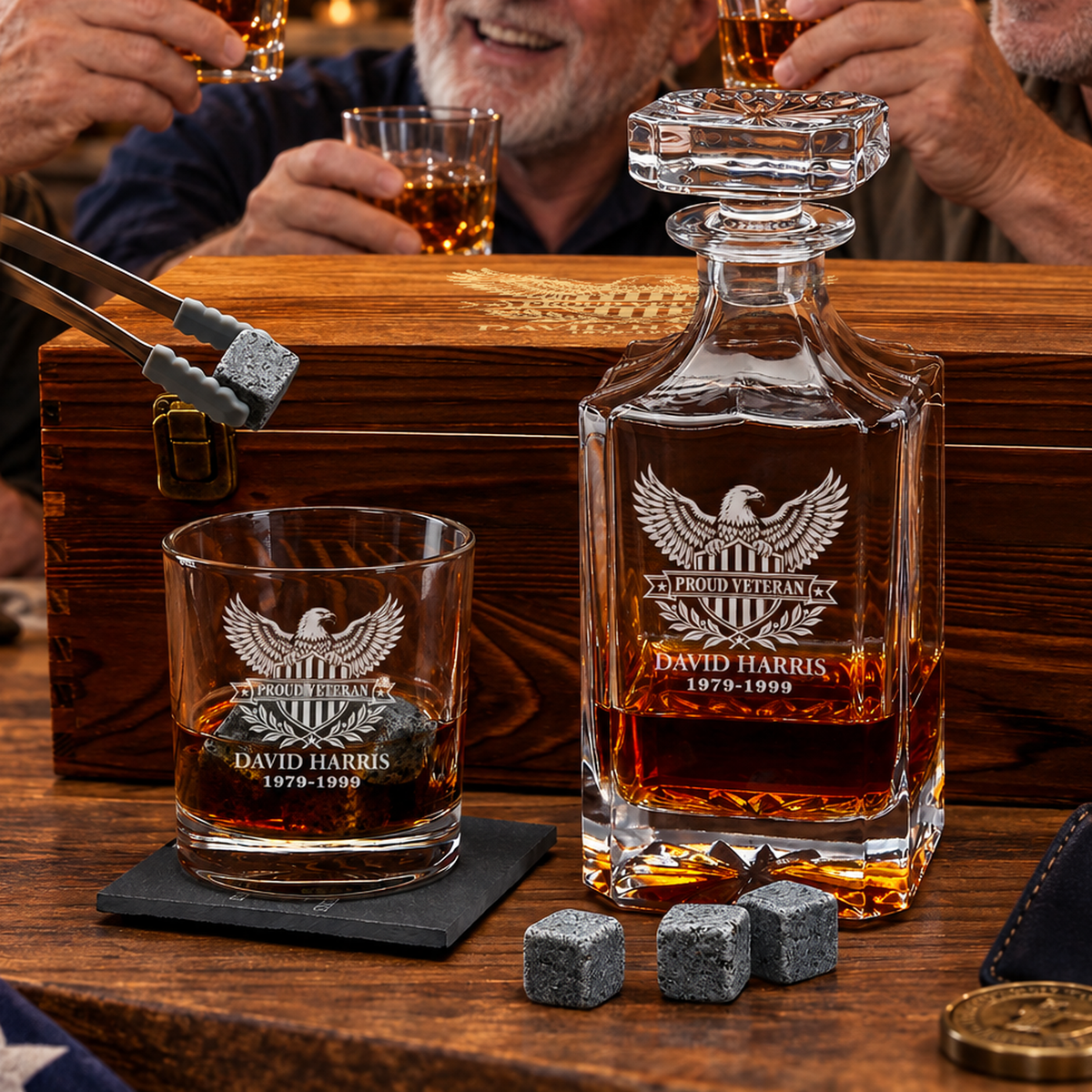 Veterans Day Gift – Classic Decanter Set with 2 Glasses, 9 Whiskey Stones & Wooden Box product image