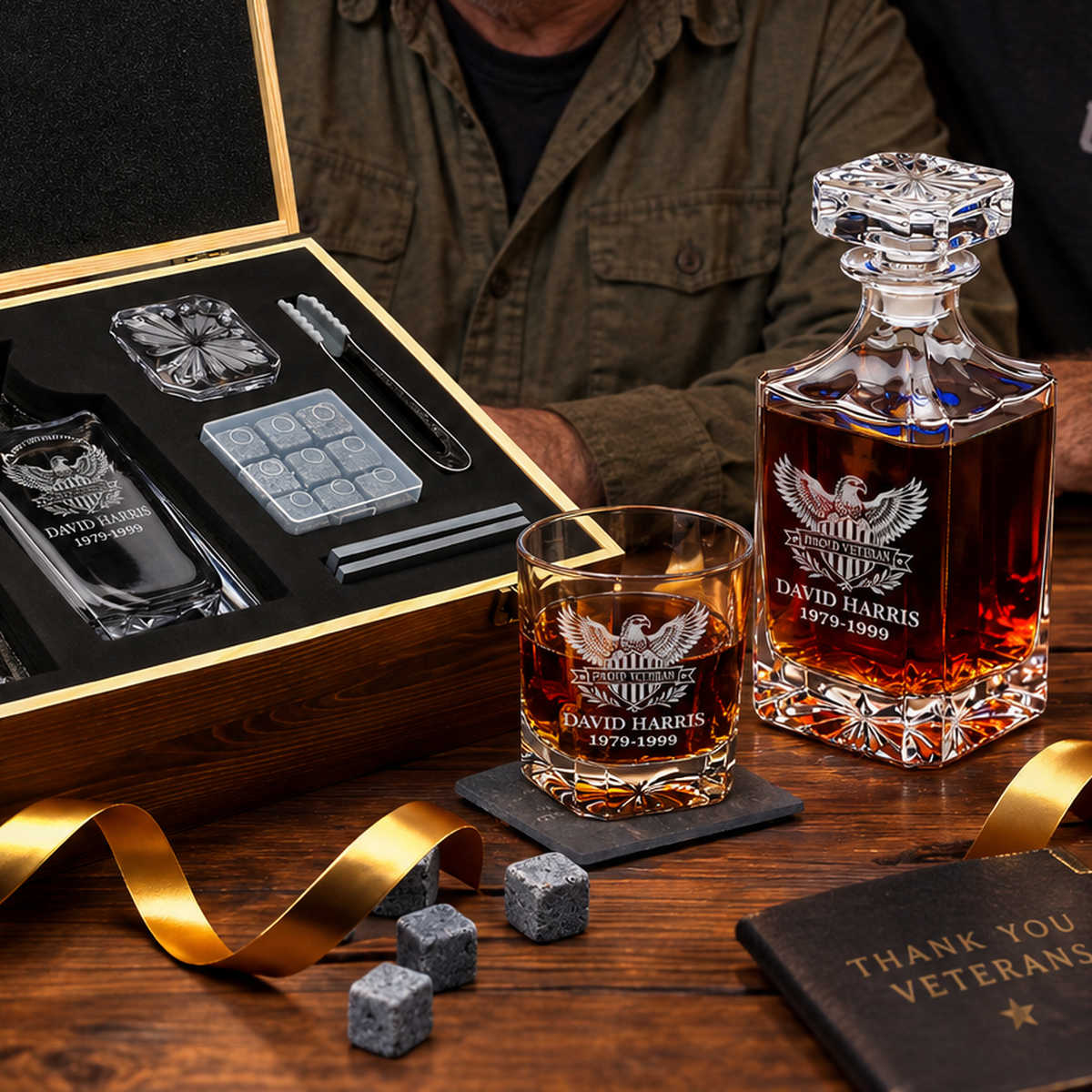 Veterans Day Gift – Classic Decanter Set with 2 Glasses, 9 Whiskey Stones & Wooden Box product image