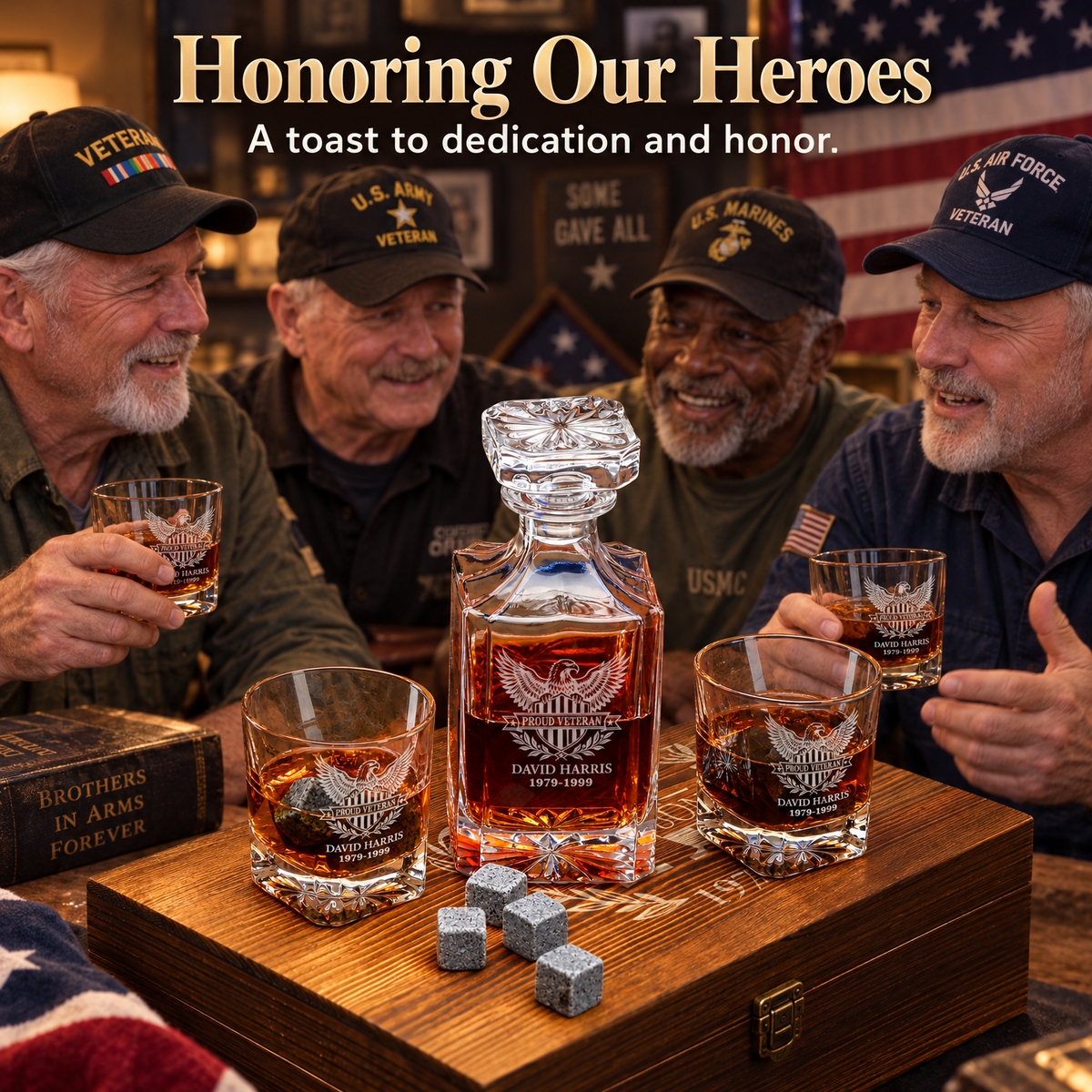 Veterans Day Gift – Classic Decanter Set with 2 Glasses, 9 Whiskey Stones & Wooden Box product image