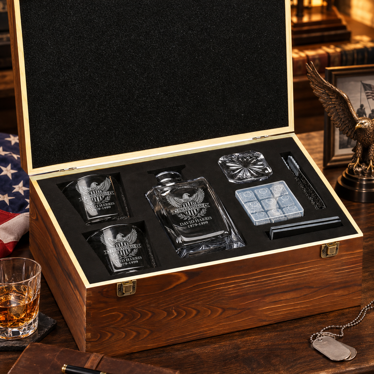 Veterans Day Gift – Classic Decanter Set with 2 Glasses, 9 Whiskey Stones & Wooden Box product image