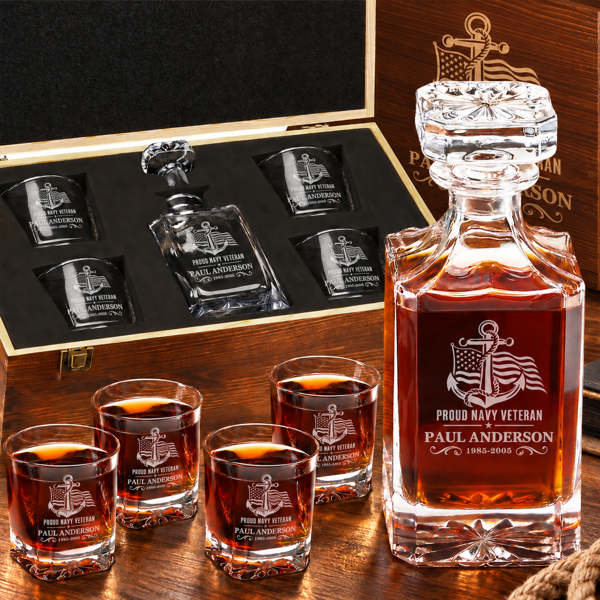 Veterans Day Gift – Classic Decanter Set with 4 Glasses & Wooden Box product image