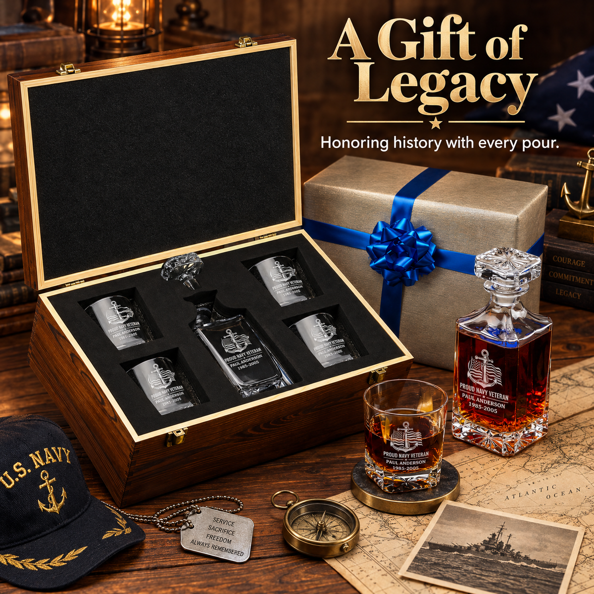 Veterans Day Gift – Classic Decanter Set with 4 Glasses & Wooden Box product image