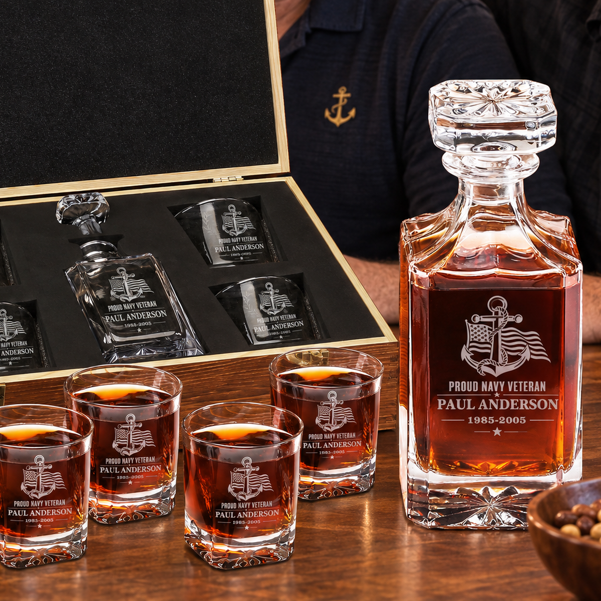 Veterans Day Gift – Classic Decanter Set with 4 Glasses & Wooden Box – image 16