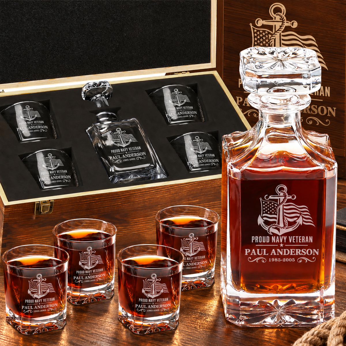 Veterans Day Gift – Classic Decanter Set with 4 Glasses & Wooden Box product image