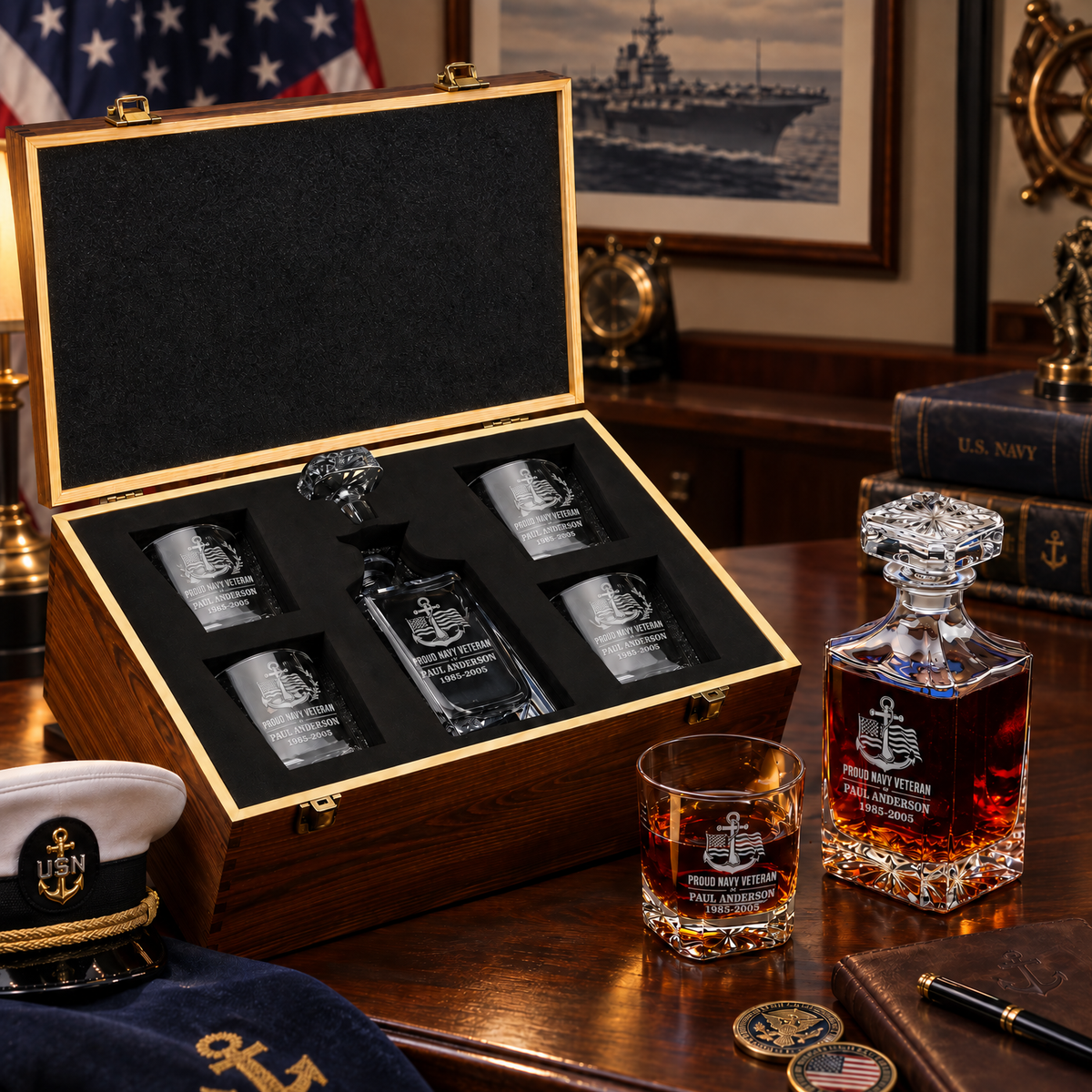Veterans Day Gift – Classic Decanter Set with 4 Glasses & Wooden Box – image 4