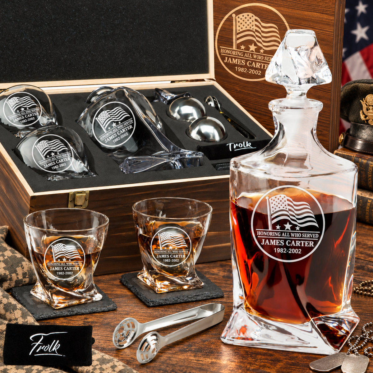 Veterans Day Gift – Twisted Decanter Set with 2 Glasses, 2 Whiskey Balls & Wooden Box – image 1