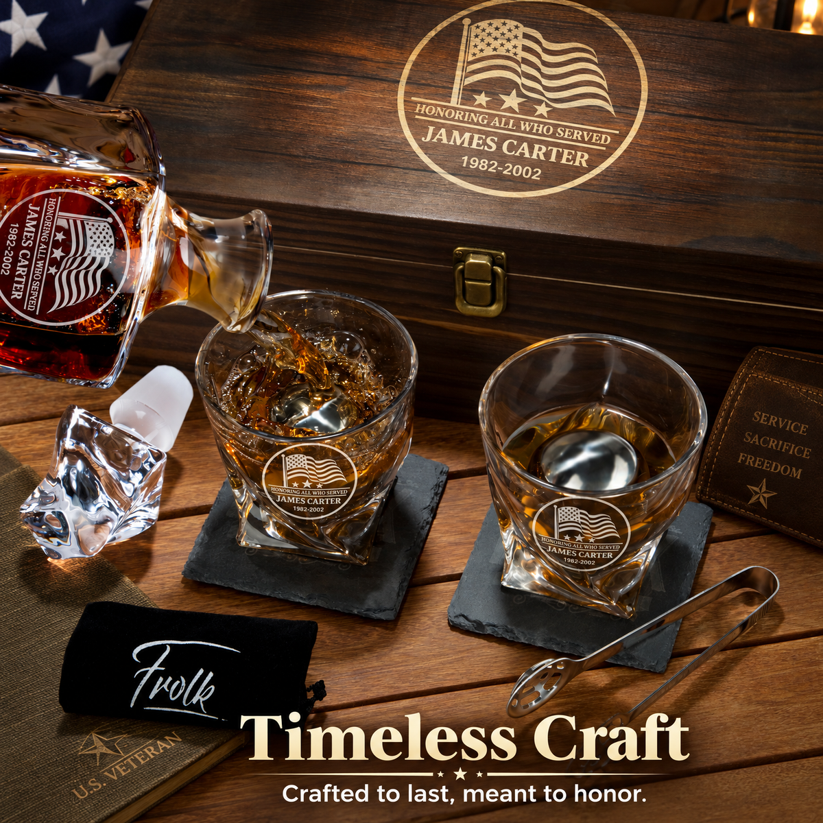 Veterans Day Gift – Twisted Decanter Set with 2 Glasses, 2 Whiskey Balls & Wooden Box – image 10