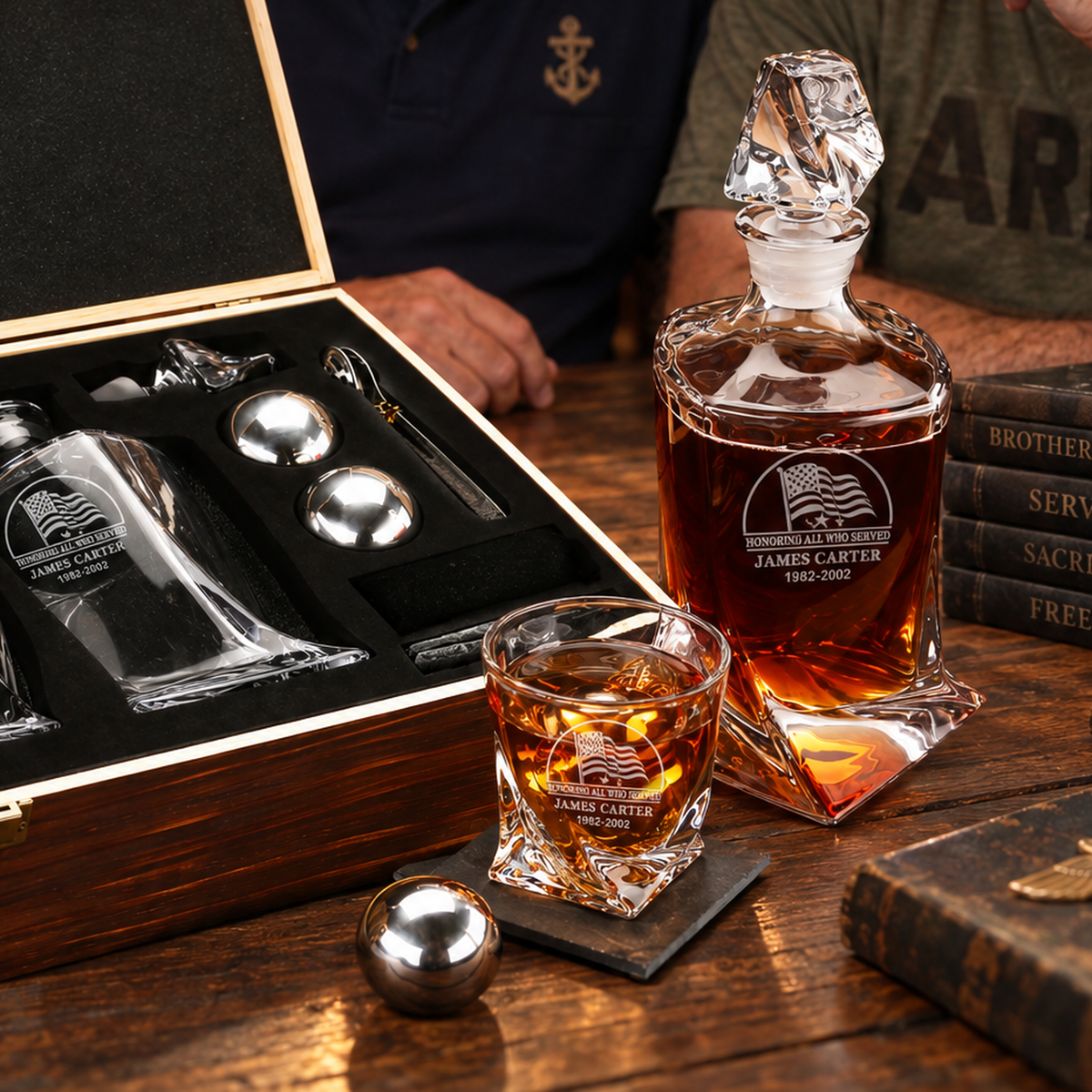 Veterans Day Gift – Twisted Decanter Set with 2 Glasses, 2 Whiskey Balls & Wooden Box – image 13