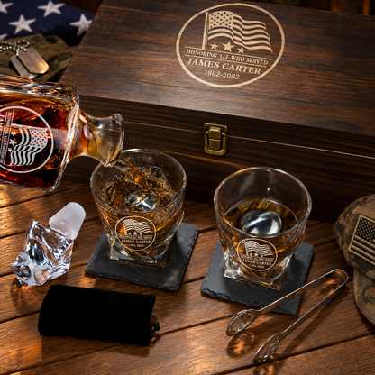 Veterans Day Gift – Twisted Decanter Set with 2 Glasses, 2 Whiskey Balls & Wooden Box – image 3