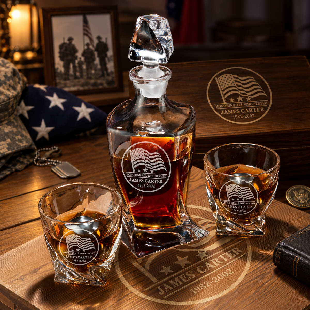 Veterans Day Gift – Twisted Decanter Set with 2 Glasses, 2 Whiskey Balls & Wooden Box – image 4