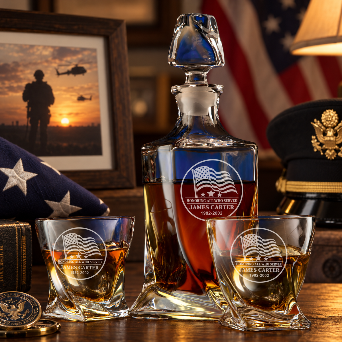 Veterans Day Gift – Twisted Decanter Set with 2 Glasses, 2 Whiskey Balls & Wooden Box product image
