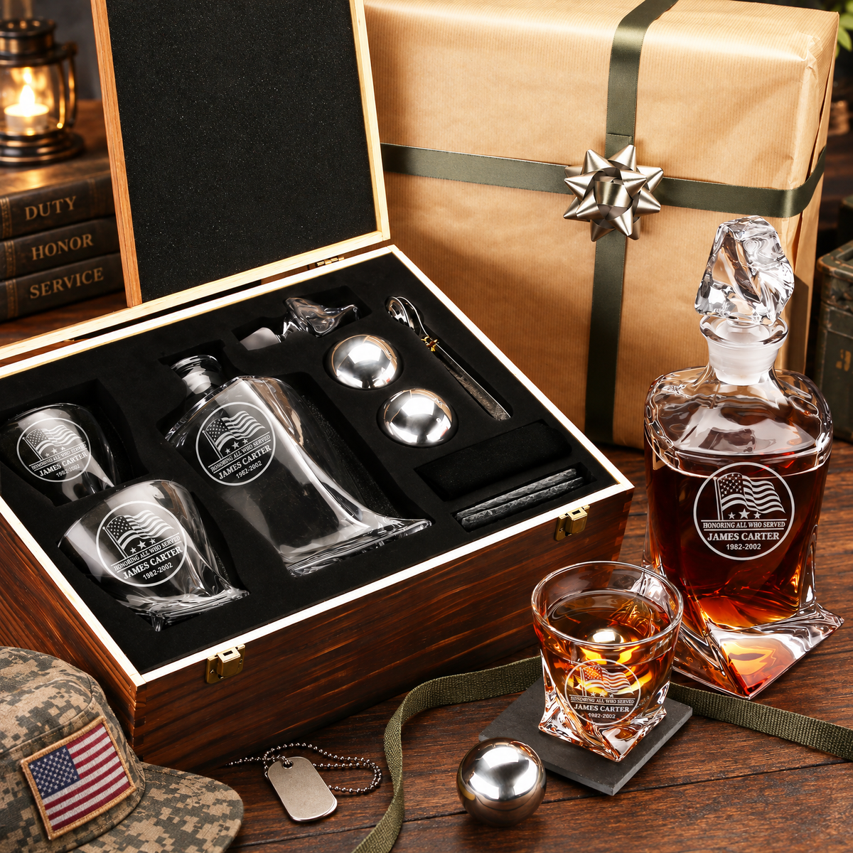 Veterans Day Gift – Twisted Decanter Set with 2 Glasses, 2 Whiskey Balls & Wooden Box – image 7