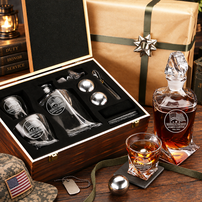 Veterans Day Gift – Twisted Decanter Set with 2 Glasses, 2 Whiskey Balls & Wooden Box – image 7