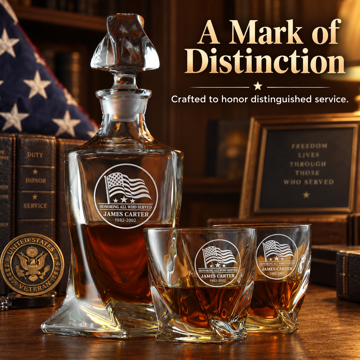Veterans Day Gift – Twisted Decanter Set with 2 Glasses, 2 Whiskey Balls & Wooden Box – image 8