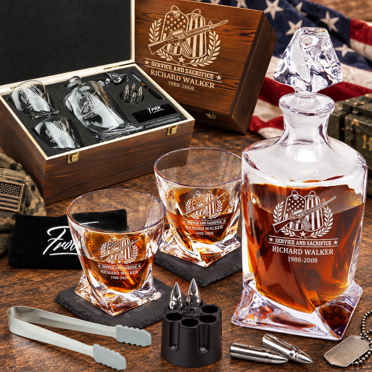 Veterans Day Gift – Twisted Decanter Set with 2 Glasses, 6 Whiskey Bullets & Wooden Box product image