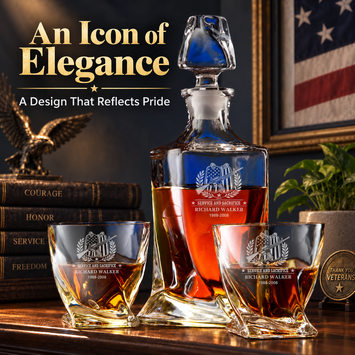 Veterans Day Gift – Twisted Decanter Set with 2 Glasses, 6 Whiskey Bullets & Wooden Box – image 11