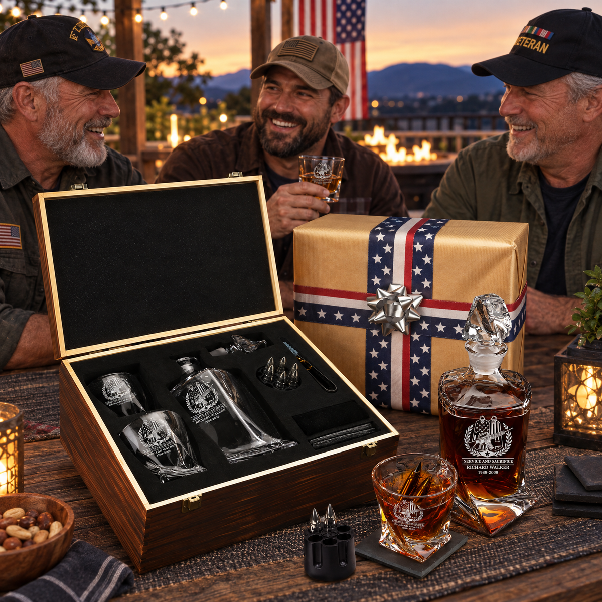Veterans Day Gift – Twisted Decanter Set with 2 Glasses, 6 Whiskey Bullets & Wooden Box product image