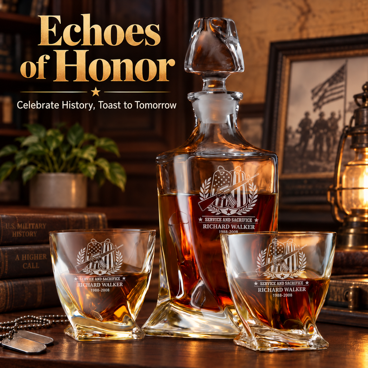 Veterans Day Gift – Twisted Decanter Set with 2 Glasses, 6 Whiskey Bullets & Wooden Box – image 13