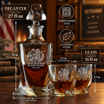 Veterans Day Gift – Twisted Decanter Set with 2 Glasses, 6 Whiskey Bullets & Wooden Box – image 2