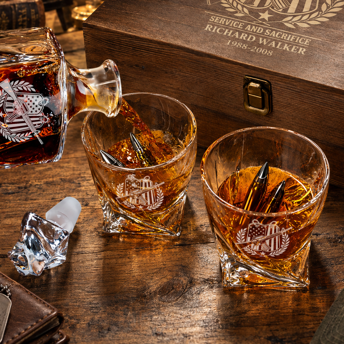 Veterans Day Gift – Twisted Decanter Set with 2 Glasses, 6 Whiskey Bullets & Wooden Box – image 3