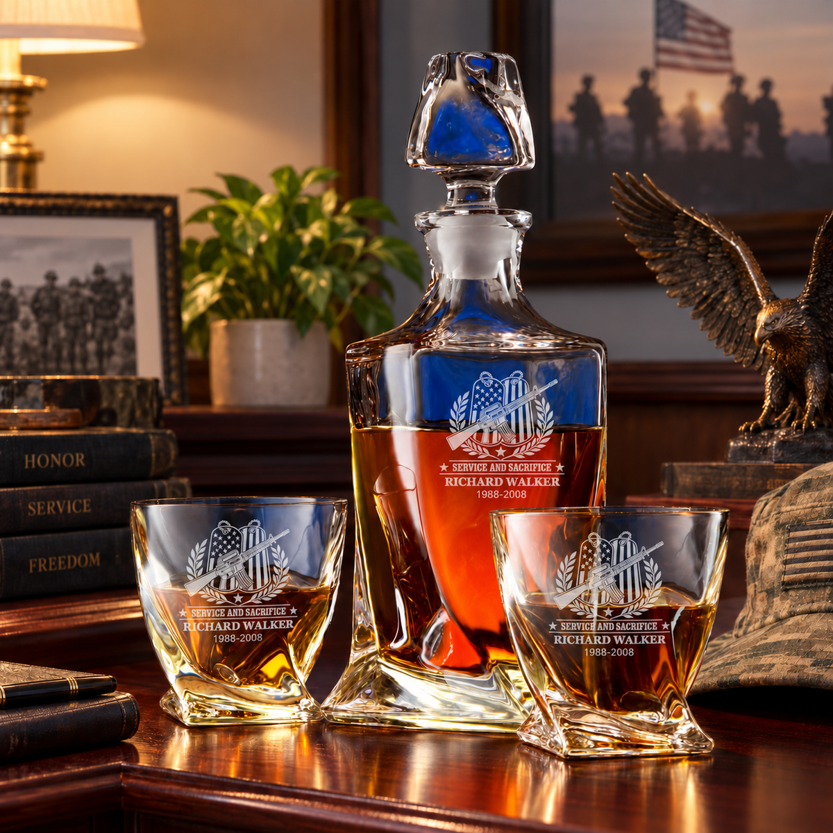 Veterans Day Gift – Twisted Decanter Set with 2 Glasses, 6 Whiskey Bullets & Wooden Box product image