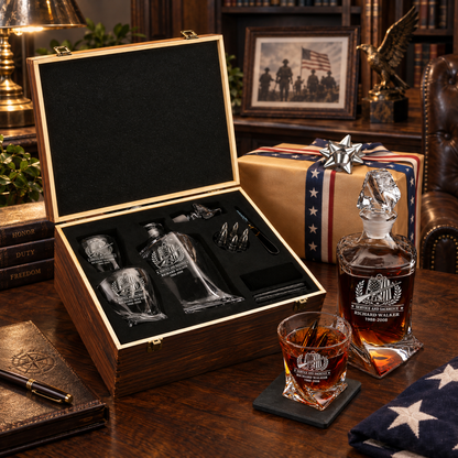 Veterans Day Gift – Twisted Decanter Set with 2 Glasses, 6 Whiskey Bullets & Wooden Box – image 6
